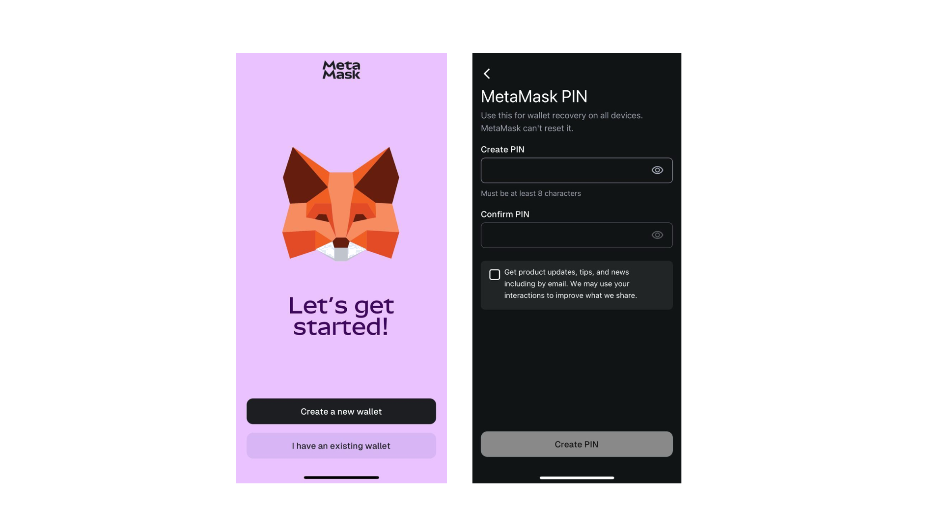 MetaMask setup screens