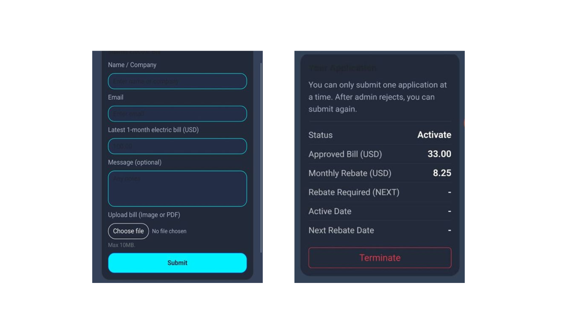 Submit electricity bill and activate rebate
